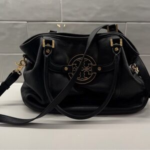Tory Burch Black Leather Shoulder Bag with Gold Details